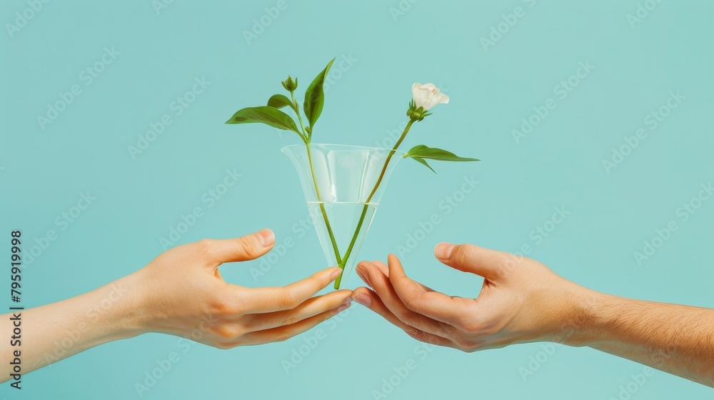 human hands with green funnel water plants at blue minimalistic background human hands with green funnel water plants at blue minimalistic background
