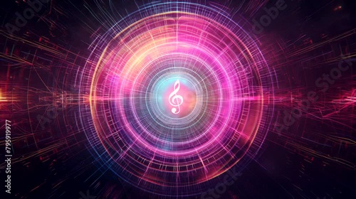 Central music note in vivid abstract display. Looping 4k video animation background photo