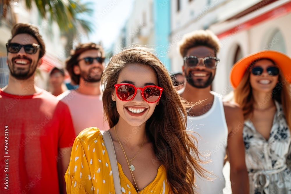 Portrait of a beautiful young woman in sunglasses with friends on the background Portrait of a beautiful young woman in sunglasses with friends on the background