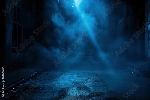 Rays, spotlights light. Empty dark scene with blue light. Asphalt blue dark street with smoke - generative ai