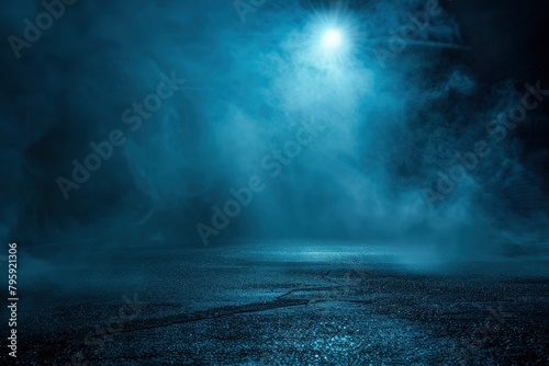 Rays, spotlights light. Empty dark scene with blue light. Asphalt blue dark street with smoke - generative ai