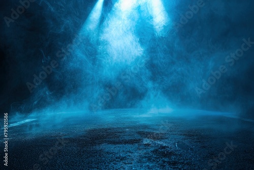 Rays  spotlights light. Empty dark scene with blue light. Asphalt blue dark street with smoke - generative ai