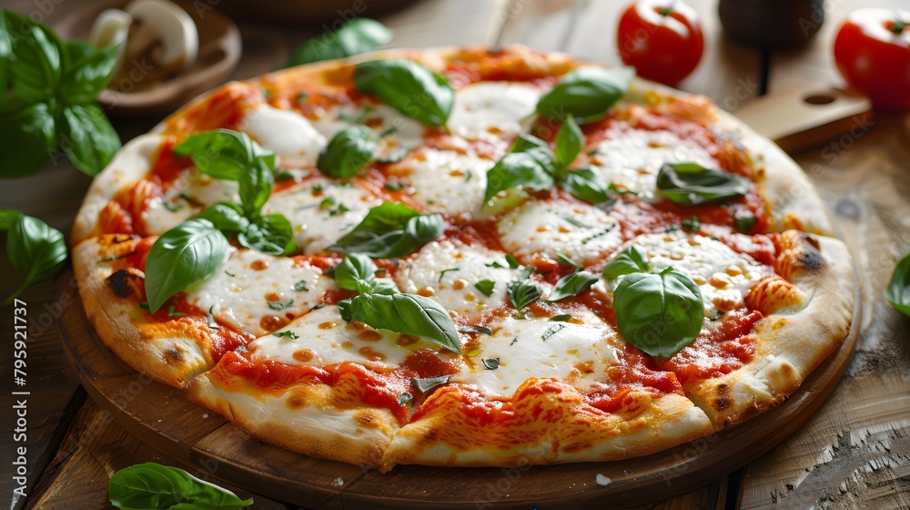 A fresh margherita pizza with basil on a wooden board