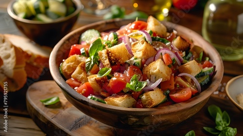 A fresh panzanella salad with ripe tomatoes and crusty bread