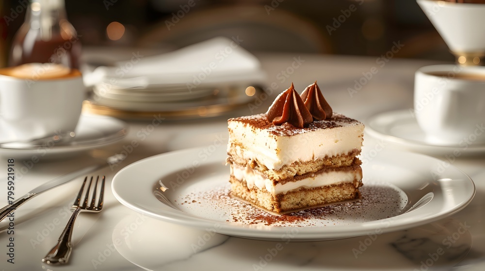 A slice of tiramisu with a cup of coffee an elegant dessert moment A slice of tiramisu with a cup of coffee an elegant dessert moment