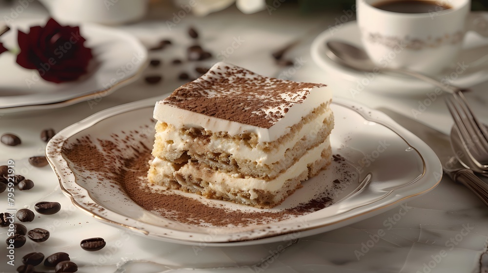 A slice of creamy tiramisu with coffee beans and a cup of espresso