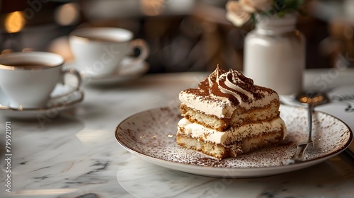 A slice of tiramisu with a backdrop of cozy coffee ambiance