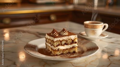 A slice of tiramisu with a steaming cup of coffee