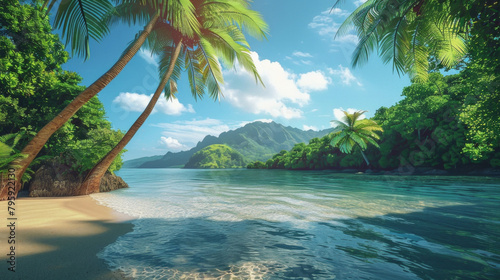 A beautiful tropical beach with palm trees and a clear blue ocean photo