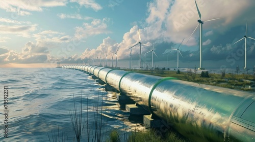 A hydrogen pipeline with wind turbines and in the background. Green hydrogen production concept hyper realistic 