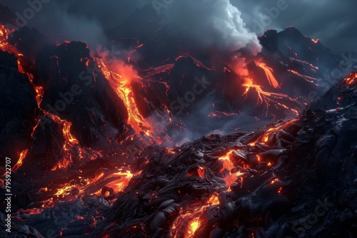 Erupting volcano with streams of molten lava