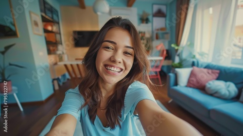 A young latin woman is is making a selfie while smiling with a telephone in a modern living room a high tech social media woman hyper realistic 