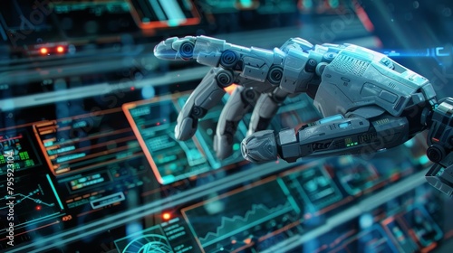 Futuristic AI hand mimicking human movements as it types and navigates a computer interface