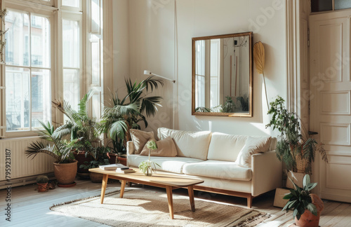 A bright living room with white walls  light grey floor and plants. A large mirror is mounted on the wall near the window