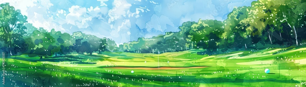 Golf balls glide across the green, appearing as dots in a vast watercolor landscape, kawaii