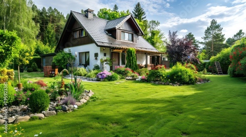 a house with a beautiful and spacious garden and clear skies