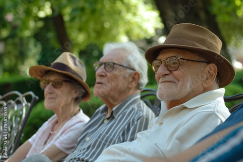 Group of senior people sitting in a bench in a park. Selective focus. © Chacmool