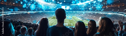 Hightech holograms cheer from the sidelines in a stadium, creating an immersive and motivating atmosphere for competitors photo