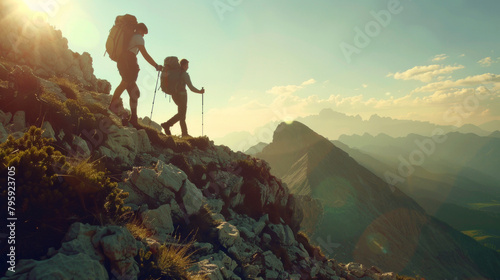 Two people are hiking up a mountain, one of them carrying a backpack