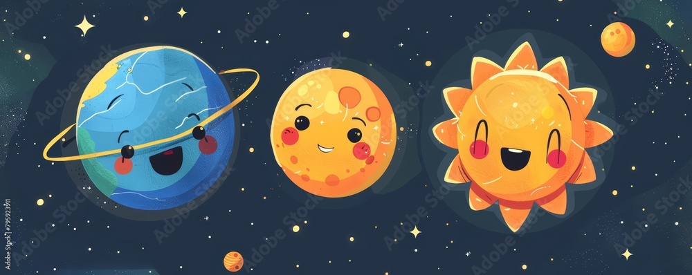 In a flat design style, a pair of cheerful planets engage in a friendly race around a sun, adorned with playful expressions In a flat design style, a pair of cheerful planets engage in a friendly race around a sun, adorned with playful expressions