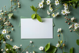 Stylish elegant flat lay olive green floristic greeting invitation post card with copy space mockup.