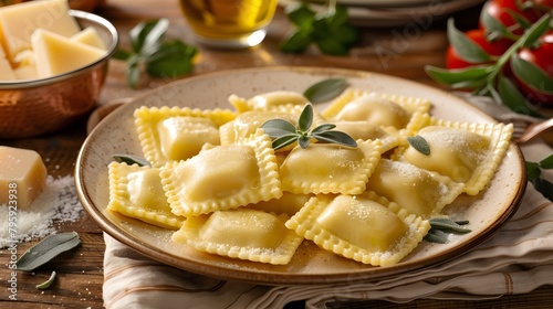 Plate of freshly made ravioli with sage garnish on a rustic wooden table