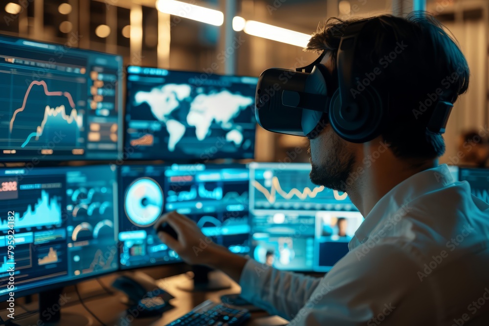 Innovative software visualizes financial trends in virtual reality, enabling analysts to explore complex data ecosystems, business concept