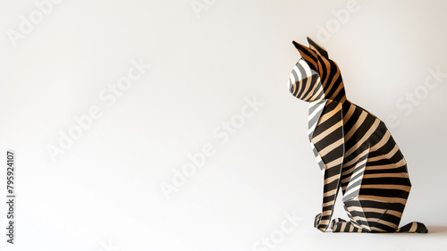 Origami cat with zebra stripes pattern against a white background  artistic paper craft.