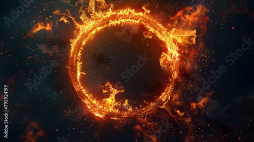 big circle with flames burning. a huge fire exploded. sparks on a dark background hyper realistic  photo