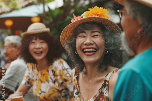 Happy asian senior woman wearing hat and smiling while walking in the street with friends. © Chacmool