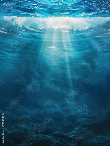 ocean blue underwater waves with sun beam clear view realistic  world oceans day banner vertical with copy space - generative ai