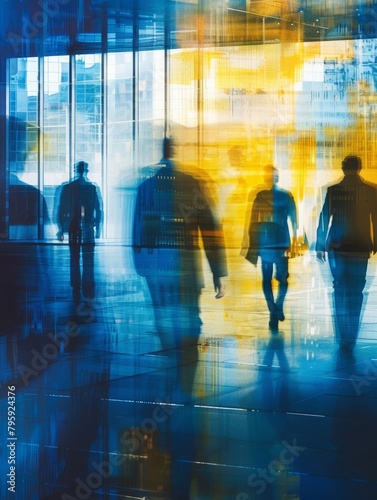 Blurred silhouette of office employees in a blue and yellow color business building. Generative ai.  © Johannes