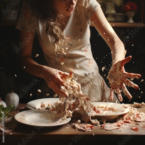 A woman in hysterics sprinkling an assortment of food, creating an enticing and flavorful dish on a plate. photo