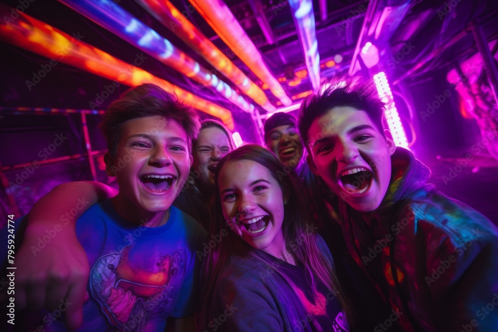 A Vibrant Portrait of Energetic Youth Poised for Adventure at the Neon-Lit Entrance of the Local Town Laser Tag Arena A Vibrant Portrait of Energetic Youth Poised for Adventure at the Neon-Lit Entrance of the Local Town Laser Tag Arena