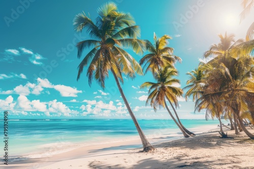 Tropical beach with clear water and green hills