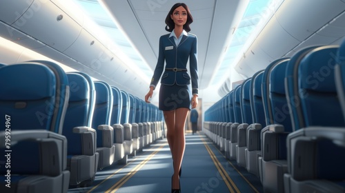 A stewardess walks down the aisle of a plane in a professional manner.