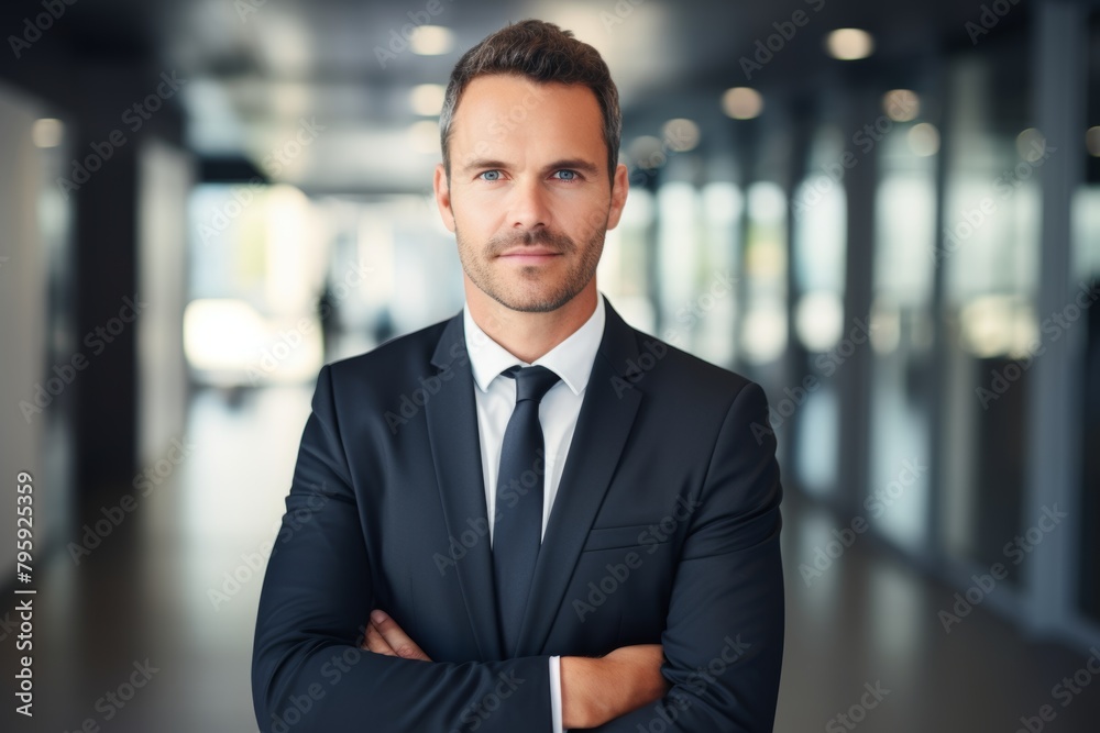 Captivating Portrait of a Confident Business Professional Standing Proudly Before the Entrance to a Modern Conference Room