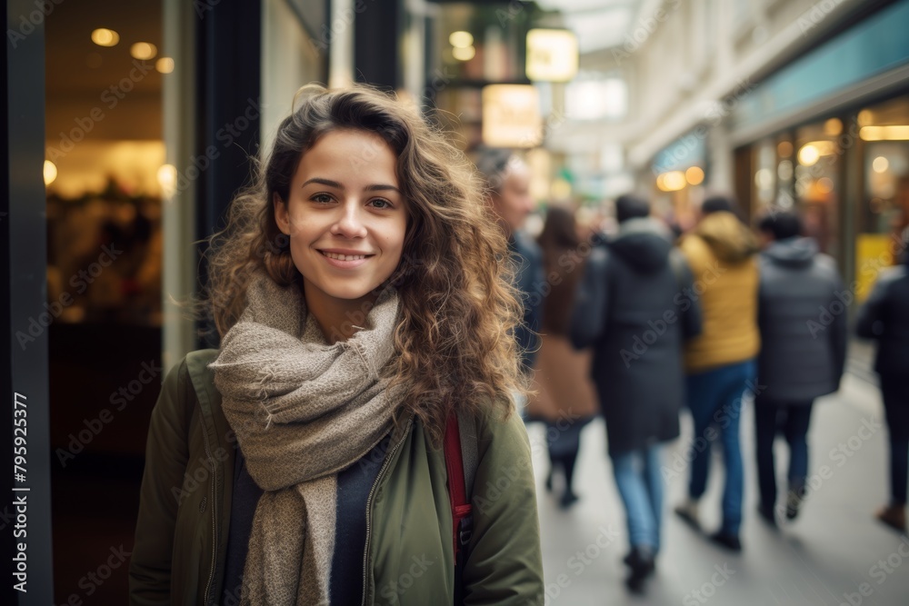 A Serendipitous Moment Captured as a Smiling Young Woman Stands Before the Bustling Entrance of a Vibrant Department Store