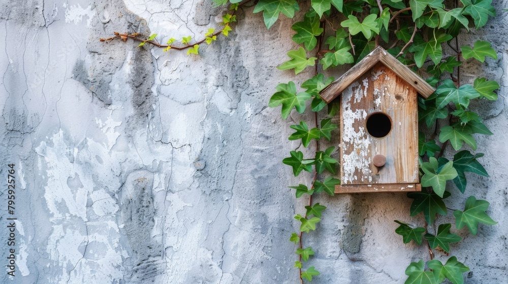 A birdhouse with ivy on a wall