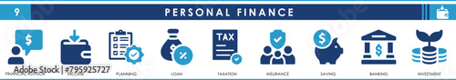 Set of flat icons related to personal finance. Abstract icon collection. Editable Vector illustration