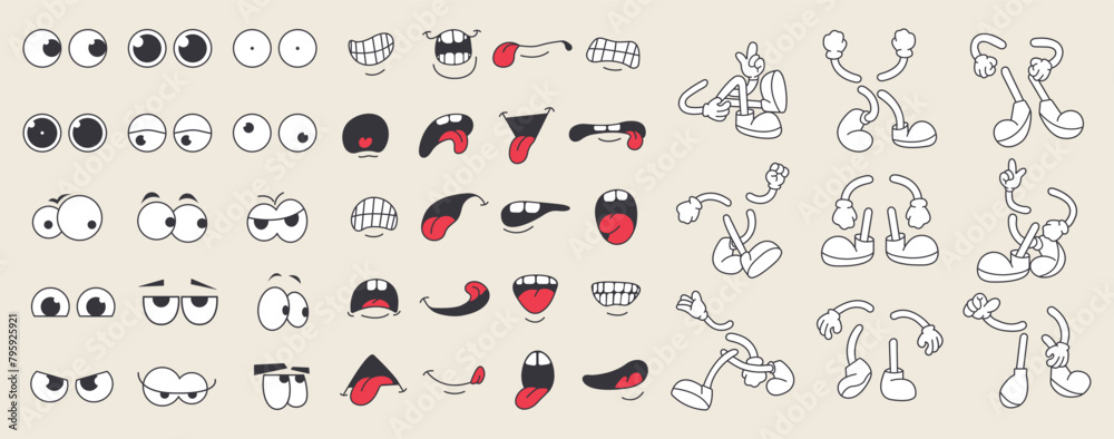Set of 70s groovy comic faces vector. Collection of cartoon character faces, leg, hand in different emotions happy, angry, sad, cheerful. Cute retro groovy hippie illustration for decorative, sticker Set of 70s groovy comic faces vector. Collection of cartoon character faces, leg, hand in different emotions happy, angry, sad, cheerful. Cute retro groovy hippie illustration for decorative, sticker