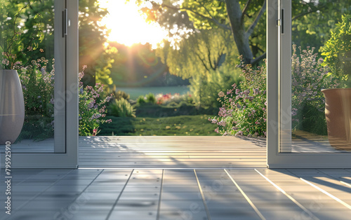 A large open door leads to a beautiful garden with a wooden deck