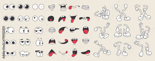 Set of 70s groovy comic faces vector. Collection of cartoon character faces, leg, hand in different emotions happy, angry, sad, cheerful. Cute retro groovy hippie illustration for decorative, sticker