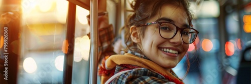 Smiling woman holding handle while traveling by public bus photo