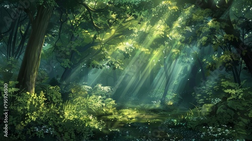 Sunlight filters softly through the canopy, casting dappled shadows on the forest floor, a silent testament to the dance of light and life, background concept