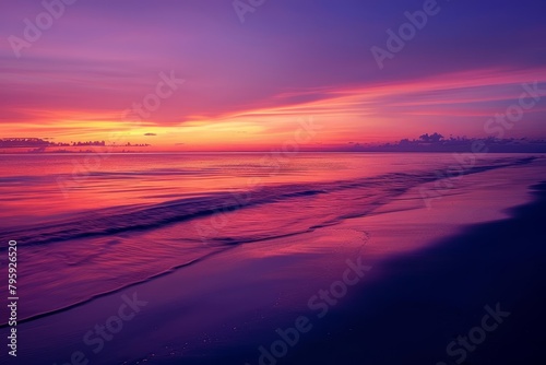 Sunsets at exotic beaches paint the horizon in hues of orange and purple  crafting a perfect backdrop for evening strolls along the soft sands  background concept