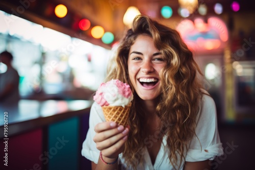 A Joyful Young Woman Smiling Brightly as She Enjoys a Colorful Ice Cream Cone Against the Whimsical Backdrop of a Vintage Ice Cream Parlor