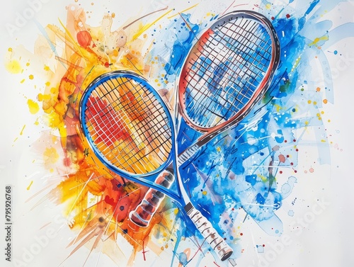 Tennis rackets swing, creating dynamic, cartoonlike drawings with each hit, bright water color photo