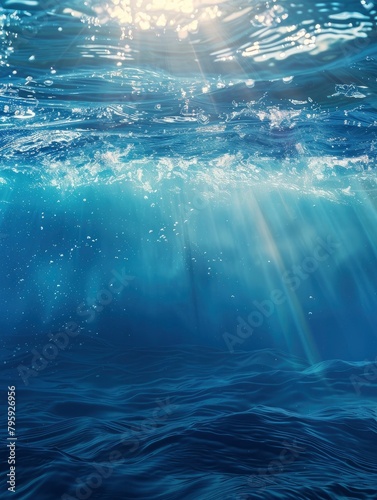 ocean blue underwater waves with sun beam clear view realistic  world oceans day banner vertical with copy space - generative ai