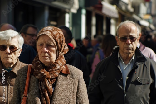 Pedestrians walking in the street during the coronavirus outbreak hitting Spain, wearing a mask is mandatory photo